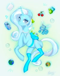 Size: 1440x1800 | Tagged: safe, artist:noemint, imported from derpibooru, oc, oc only, oc:fresh mintshine, pony, unicorn, backpack, bubble, clothes, ear piercing, earring, female, frutiger aero, horn, jewelry, mare, necklace, phone, piercing, socks, solo