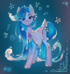 Size: 1440x1510 | Tagged: safe, artist:noemint, imported from derpibooru, oc, oc only, pony, unicorn, abstract background, clothes, female, flower, flower in hair, horn, mare, solo, water mane, water tail