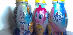 Size: 7590x3656 | Tagged: safe, imported from derpibooru, fluttershy, pinkie pie, rainbow dash, bottle, female, females only, irl, my little pony logo, photo, toy