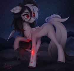 Size: 1440x1373 | Tagged: safe, artist:noemint, imported from derpibooru, oc, oc only, earth pony, pony, ear piercing, earring, eyebrow piercing, female, jewelry, knife, magic, mare, necklace, night, piercing, scar, solo, stars