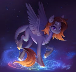 Size: 1440x1373 | Tagged: safe, artist:noemint, imported from derpibooru, oc, oc only, pegasus, pony, ear piercing, earring, female, jewelry, leonine tail, magic, magic circle, mare, necklace, piercing, solo, tail, unusual pupils, winged hooves