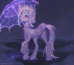 Size: 1440x1253 | Tagged: safe, artist:noemint, imported from derpibooru, oc, oc only, pegasus, pony, bracelet, commission, ear piercing, earring, female, jewelry, mare, necklace, night, piercing, solo, stars, umbrella, unshorn fetlocks, water