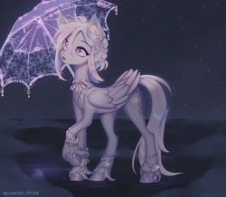 Size: 1440x1253 | Tagged: safe, alternate version, artist:noemint, imported from derpibooru, oc, oc only, pegasus, pony, bracelet, commission, ear piercing, earring, female, jewelry, mare, necklace, night, piercing, solo, stars, umbrella, unshorn fetlocks, water