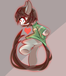 Size: 980x1126 | Tagged: safe, artist:alus, imported from derpibooru, earth pony, pony, abstract background, chara, clothes, female, filly, foal, glowing, grin, heart, ponified, shirt, smiling, solo, undertale