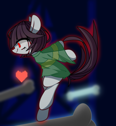 Size: 981x1060 | Tagged: safe, artist:alus, imported from derpibooru, earth pony, pony, abstract background, bone, chara, clothes, female, filly, foal, glowing, heart, ponified, shirt, smiling, solo, undertale