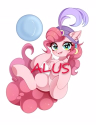 Size: 2000x2599 | Tagged: safe, artist:alus, imported from derpibooru, pinkie pie, earth pony, pony, female, madame pinkie, mare, simple background, solo, text, turban, white background