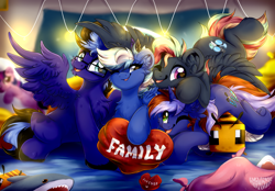 Size: 3486x2423 | Tagged: safe, artist:woonborg, imported from derpibooru, oc, oc only, oc:anny tr3e, oc:exobass, oc:saij, oc:treading step, bee, insect, pegasus, pony, shark, unicorn, blåhaj, body pillow, chest fluff, cuddling, ear fluff, horn, pillow, plushie, shark plushie, speedpaint available, string lights