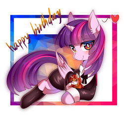 Size: 2000x2000 | Tagged: safe, artist:alus, imported from derpibooru, twilight sparkle, oc, alicorn, pony, unicorn, abstract background, clothes, female, happy birthday, heart, horn, mare, skirt, skirt suit, smiling, solo, suit, text, twilight sparkle (alicorn)