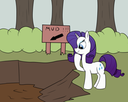 Size: 2000x1600 | Tagged: safe, artist:amateur-draw, imported from derpibooru, rarity, unicorn, cutie mark, female, forest, horn, mare, mud, nature, outdoors, sign, simple background, solo, solo female, tree