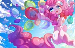 Size: 3935x2500 | Tagged: safe, artist:alus, imported from derpibooru, pinkie pie, earth pony, pony, balloon, blushing, clipboard, female, floating, mare, open mouth, smiling, solo