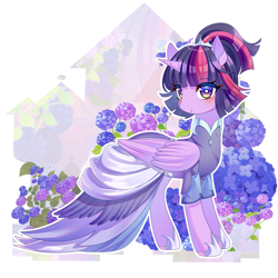 Size: 3067x3067 | Tagged: safe, artist:alus, imported from derpibooru, twilight sparkle, alicorn, pony, abstract background, blushing, clothes, dress, female, flower, mare, outline, shoes, smiling, solo, twilight sparkle (alicorn), white outline