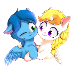 Size: 1888x1666 | Tagged: safe, imported from derpibooru, oc, oc only, oc:cokecoffee, alicorn, pegasus, pony, boop, cheek nuzzle, cheek to cheek, cute, duo, duo female, female, horn, looking at each other, looking at someone, mare, simple background, smiling, white background, wings