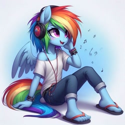 Size: 1024x1024 | Tagged: safe, imported from derpibooru, rainbow dash, anthro, pegasus, plantigrade anthro, ai content, ai generated, bracelet, clothes, denim, female, flip-flops, headphones, jeans, jewelry, listening to music, loose fitting clothes, music notes, pants, prompter:lukington17, sandals, shirt, sitting, smiling, solo