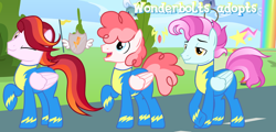 Size: 1280x615 | Tagged: safe, artist:vi45, imported from derpibooru, oc, oc only, pegasus, pony, clothes, male, one eye closed, raised hoof, stallion, uniform, wink, wonderbolts uniform