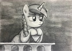 Size: 3867x2762 | Tagged: safe, imported from derpibooru, oc, oc only, oc:cokecoffee, alicorn, pony, female, grayscale, horn, jewelry, lidded eyes, looking to the right, mare, monochrome, pencil drawing, pendant, simple background, solo, solo female, traditional art, wings