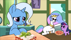 Size: 1920x1080 | Tagged: safe, artist:tamers12345, imported from derpibooru, screencap, princess celestia, trixie, twilight sparkle, alicorn, unicorn, female, filly, foal, food, horn, lasagna, ms paint, pasta, pizza, sad, school