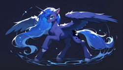 Size: 3840x2176 | Tagged: safe, imported from derpibooru, princess luna, alicorn, ai content, ai generated, concave belly, female, full body, generator:stable diffusion, generator:tponynai3, horn, mare, pose, prompter:truekry, raised hoof, slender, solo, spread wings, tail, thin, wallpaper, wings