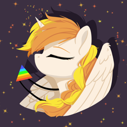 Size: 2000x2000 | Tagged: safe, imported from derpibooru, oc, oc only, oc:cokecoffee, alicorn, pony, bust, eyes closed, female, horn, jewelry, mare, pendant, portrait, solo, solo female, starry sky, wings