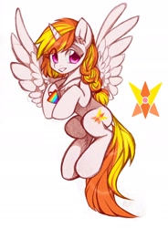 Size: 1600x2175 | Tagged: safe, artist:小疯默, imported from derpibooru, oc, oc only, oc:cokecoffee, alicorn, pony, female, flying, horn, jewelry, looking at you, mare, pendant, simple background, solo, solo female, spread wings, wings