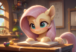 Size: 2397x1649 | Tagged: safe, imported from derpibooru, fluttershy, pegasus, pony, ai content, ai generated, apple, bench, blush lines, blushing, book, cheek fluff, chest fluff, cute, detailed background, ear fluff, ears up, female, flower, fluffy, food, generator:bluefox mix, generator:stable diffusion, happy, hoof fluff, hooves, indoors, jars, looking down, mare, potted plant, prompter:adorablebluefox, reading, shyabetes, smiling, solo, tail, window, wings, zap apple