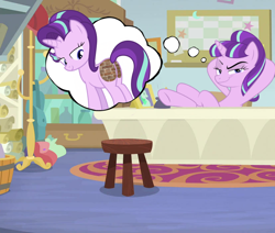 Size: 828x703 | Tagged: safe, edit, imported from derpibooru, starlight glimmer, brick, brick butt, bricks, butt, chair, desk, dock, female, fetish, lidded eyes, mare, mischievous, multicolored hair, multicolored mane, multicolored tail, mystery, plot, schrödinger's brick booty, schrödinger's pantsu, sitting, smug, solo, solo female, stool, tail, thought bubble