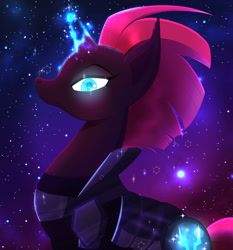 Size: 863x926 | Tagged: safe, artist:ryuko-rose, imported from derpibooru, fizzlepop berrytwist, tempest shadow, pony, unicorn, my little pony: the movie, armor, blue eyes, broken horn, crepuscular rays, digital art, female, glowing, glowing cutie mark, glowing eyes, glowing horn, gradient background, high res, horn, lidded eyes, looking at you, magic, mare, night, red mane, red tail, sky, solo, sparkles, sparkly eyes, starry background, starry night, stars, tail, wingding eyes