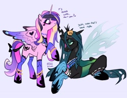 Size: 2498x1919 | Tagged: safe, artist:peachmichea, imported from derpibooru, princess cadance, queen chrysalis, alicorn, changeling, changeling queen, pony, choker, chokerdance, duo, emo chrysalis, emodance, female, goth, goth chrysalis, gothdance, mare, ponymania, tail, tail wrap, wing heart