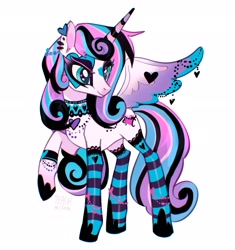 Size: 2171x2308 | Tagged: safe, artist:peachmichea, imported from derpibooru, princess flurry heart, alicorn, pony, chokerheart, ear piercing, female, flurry goth, goth, mare, older, older flurry heart, piercing, ponymania, princess emo heart, raised hoof, simple background, white background, wing heart, wing piercing, wings