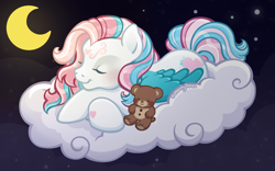 Size: 2400x1500 | Tagged: safe, artist:sparkytopia, imported from derpibooru, star catcher, pegasus, pony, cloud, colored wings, commission, crossed hooves, facial markings, female, g3, mare, moon, night, plushie, sleeping, solo, teddy bear, wings, ych result