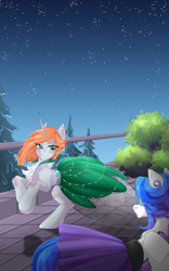 Size: 2000x3200 | Tagged: safe, artist:mari_deer, imported from derpibooru, oc, oc only, oc:white berry, oc:wintermane, earth pony, unicorn, blushing, clothes, dress, earth pony oc, eyeshadow, high res, horn, looking at each other, looking at someone, makeup, open mouth, out of focus, pine tree, railing, stars, tree, unicorn oc, vertical