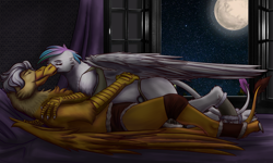 Size: 2500x1500 | Tagged: artist needed, source needed, safe, imported from derpibooru, princess celestia, oc, oc:alviss, griffon, bed, bedroom, clothes, griffonized, loincloth, moon, night, species swap, stars, tribal, window