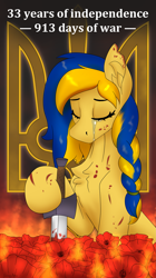 Size: 1567x2796 | Tagged: safe, artist:gantarts, imported from derpibooru, oc, oc only, oc:ukraine, pony, blood, braid, crying, current events, eyebrows, female, fire, flower, high res, injured, mare, nation ponies, ponified, poppy, sitting, solo, sword, two toned mane, ukraine, ukrainian independence day, weapon