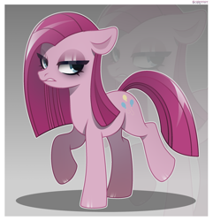 Size: 2170x2250 | Tagged: safe, artist:scarffist, imported from derpibooru, pinkie pie, earth pony, pony, alternate hairstyle, angry, base used, edgy, eyeshadow, female, gray background, gritted teeth, long hair, long mane, long tail, looking back, makeup, pinkamena diane pie, sad, simple background, solo, tail, teeth