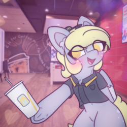 Size: 2664x2664 | Tagged: safe, artist:sodapop sprays, imported from derpibooru, derpy hooves, oc, oc only, pegasus, pony, semi-anthro, series:derpy can't catch a break, belly, belly button, blushing, clothes, ear fluff, eye clipping through hair, freckles, irl background, looking at you, mcdonald's, pixel art, solo, sprite, uniform