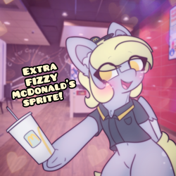 Size: 2664x2664 | Tagged: safe, artist:sodapop sprays, imported from derpibooru, derpy hooves, oc, oc only, pegasus, pony, series:derpy can't catch a break, blushing, clothes, ear fluff, eye clipping through hair, freckles, imminent death, imminent everything, irl background, looking at you, mcdonald's, meme, solo, text, uniform