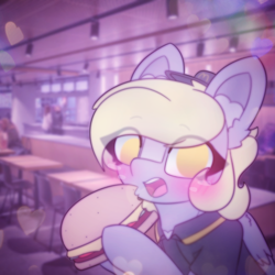 Size: 2664x2664 | Tagged: safe, artist:sodapop sprays, imported from derpibooru, derpy hooves, oc, oc only, pegasus, pony, series:derpy can't catch a break, blushing, burger, clothes, ear fluff, eye clipping through hair, food, freckles, irl background, looking at you, mcdonald's, solo, uniform