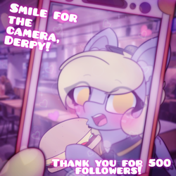 Size: 2664x2664 | Tagged: safe, artist:sodapop sprays, imported from derpibooru, carrot top, derpy hooves, golden harvest, oc, oc only, pegasus, pony, series:derpy can't catch a break, :o, blushing, burger, clothes, ear fluff, eye clipping through hair, food, freckles, irl background, looking at you, mcdonald's, open mouth, phone, solo, surprised, taking a photo, uniform