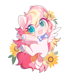 Size: 1500x1500 | Tagged: safe, artist:dreamsugar, imported from derpibooru, oc, oc only, oc:ninny, bowtie, chibi, cute, female, flower, happy, heterochromia, jumping, looking at you, mare, necktie, smiling, spread wings, sunflower, two toned mane, wings