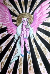 Size: 2337x3428 | Tagged: safe, artist:emmaneiac, imported from derpibooru, opaline arcana, alicorn, pony, eyes closed, female, g5, gold leaf, mare, smiling, solo, spread wings, traditional art, wings