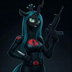 Size: 1024x1024 | Tagged: safe, imported from derpibooru, queen chrysalis, anthro, changeling, changeling queen, ai content, ai generated, assault rifle, baroness, bodysuit, clothes, cosplay, costume, evil grin, female, g.i. joe, generator:google imagen 3.0, glasses, grin, gun, knife, prompter:zerowinger, rifle, simple background, smiling, solo, weapon