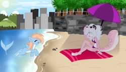 Size: 7672x4408 | Tagged: safe, artist:crazysketch101, artist:syrupyyy, imported from derpibooru, oc, oc:izzy, original species, pony, shark, shark pony, beach, city, commission, furry, furry oc, towel, tree, umbrella