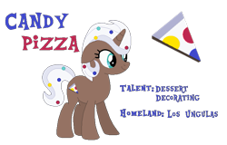 Size: 753x483 | Tagged: safe, artist:moonlightthegriffon, imported from derpibooru, oc, oc only, oc:candy pizza, pony, unicorn, base used, bio in description, cutie mark, dessert, female, food, horn, los ungulas, mare, reference sheet, simple background, solo, text, transparent background, unicorn oc