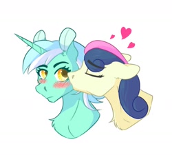 Size: 2000x1800 | Tagged: artist needed, safe, imported from derpibooru, bon bon, lyra heartstrings, octavia melody, sweetie drops, earth pony, pony, unicorn, blushing, ear fluff, female, floppy ears, heart, horn, lesbian, lyrabon, mare, shipping