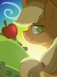 Size: 750x1000 | Tagged: safe, artist:summerbeachyt, imported from derpibooru, applejack, earth pony, ai generated, apple, applejack's hat, cowboy hat, female, food, hat, looking at you, looking back, looking back at you, mare, smiling, solo, sunrise, sweet apple acres