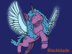 Size: 2048x1536 | Tagged: safe, artist:blackblade360, imported from derpibooru, izzy moonbow, alicorn, pony, unicorn, alicornified, blue background, blue mane, blue tail, digital art, eyes closed, flying, g5, glowing, glowing wings, horn, ibispaint x, izzycorn, purple coat, race swap, raised leg, shading, signature, simple background, smiling, spread wings, tail, unshorn fetlocks, wings