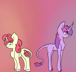 Size: 923x866 | Tagged: safe, artist:summerbeachyt, imported from derpibooru, oc, oc only, oc:berry, oc:star, pony, unicorn, gradient background, horn, leonine tail, simple background, tail