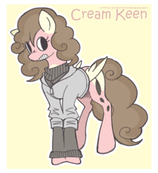 Size: 550x600 | Tagged: safe, artist:expectationemesis, imported from derpibooru, oc, oc only, oc:cream keen, pegasus, pony, brown mane, clothes, coat markings, colored lineart, curly mane, curly tail, female, folded wings, gritted teeth, hoodie, looking sideways, mare, nervous, outline, passepartout, pastel, pegasus oc, pink coat, redraw, simple background, solo, standing, sweater, tail, teeth, white outline, wings, yellow background