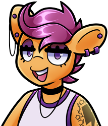 Size: 3176x3715 | Tagged: safe, artist:partypievt, imported from derpibooru, scootaloo, anthro, pegasus, pony, choker, clothes, ear piercing, earring, eyeshadow, jewelry, looking at you, makeup, piercing, singlet, sleeveless, solo, tanktop, tattoo, wifebeater