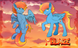 Size: 1920x1200 | Tagged: safe, artist:icy_passio, imported from derpibooru, oc, oc:blazarius, pegasus, pony, character design, fiery mane, green eyes, male, pegasus oc, wings