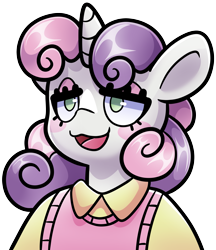 Size: 3229x3739 | Tagged: safe, artist:partypievt, imported from derpibooru, sweetie belle, anthro, pony, unicorn, :3, blushing, clothes, collared shirt, eyeshadow, horn, makeup, open mouth, shirt, simple background, solo, transparent background, vest